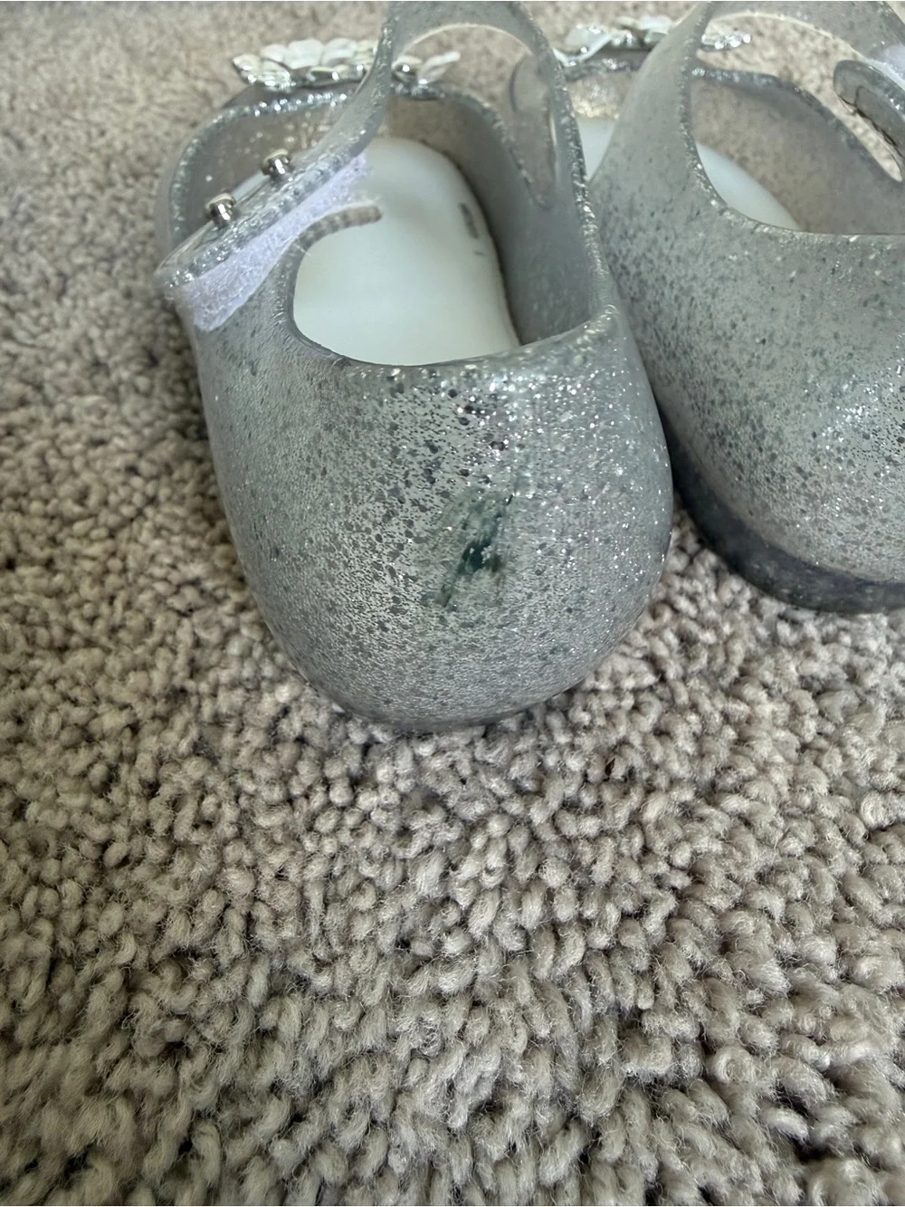 Mini Melissa Silver Glitter Mary Jane Shoes with Flower Accents